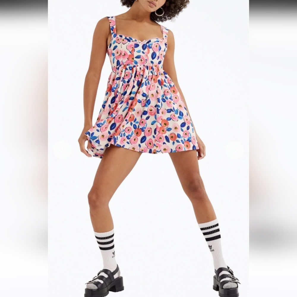 For Love And Lemons Blue Pink White Gianna Mini Dress Floral Size Large NWT!
